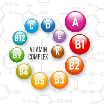 Healthy nutrition vitamin complex.Illustration of vitamin icons on the background of chemical formulas.