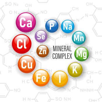 Healthy nutrition mineral complex.Illustration of mineral icons on the background of chemical formulas.
