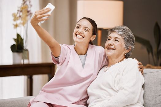 Selfie, nurse and healthcare with a woman carer and senior patient taking a picture in a nursing home together. Phone, medical and social media with a female caregiver and eldery resident in a house