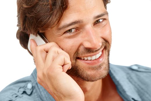 Phone call, communication and face portrait of happy man talking, speaking or studio chat to digital mobile contact. Smartphone user, conversation discussion and model networking on white background.