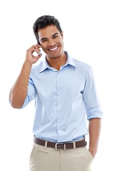 Its always great to hear from you. Studio shot of a young man talking on a cellphone isolated on white.