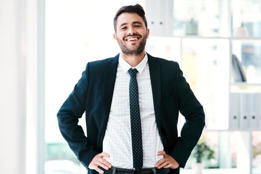 I couldnt be happier with business right now. Cropped portrait of a handsome young businessman smiling while standing with his arms on his waist in a modern office.