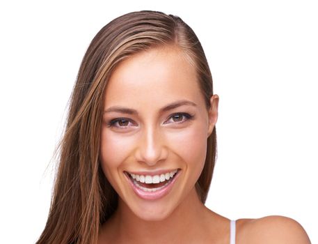 Woman, face and beauty with hair and skincare with makeup and cosmetics isolated against white background. Cosmetic care portrait, wellness and hair care with keratin, skin glow and beauty treatment.