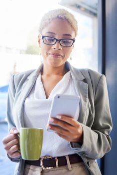 Business, coffee and black woman with smartphone, fintech and typing for social media, communication and office. Jamaican female employee, entrepreneur and leader with cellphone, text and connection.