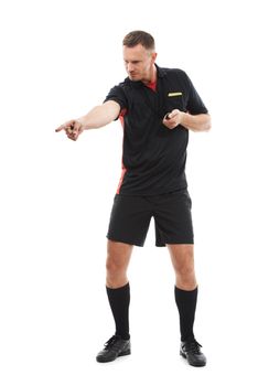 Sports referee, man and hand warning while pointing for soccer rules, penalty or fail in studio. Fitness coach sign for mistake, error or caution for competition game isolated on a white background