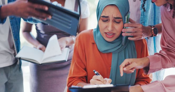 Phone call, busy and Muslim woman signing documents, corporate anxiety and management stress. Tired, chaos and Islamic employee talking on a mobile while giving approval signature for paperwork