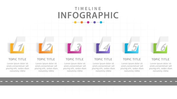 Infographic 6 Steps Modern Timeline Roadmap diagram with buildings.