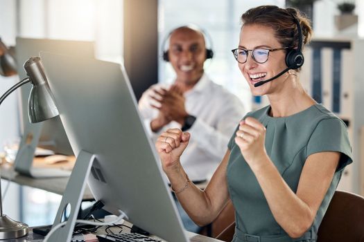 Call center computer, sales woman celebration and winner fist, target or stock market trading success in office. Telemarketing consultant celebrate business achievement, deal or motivation on desktop.