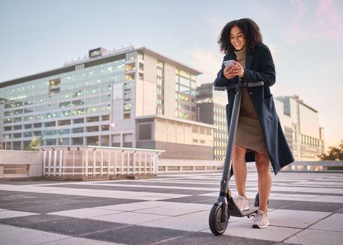 Black woman, electric scooter and smartphone in city, for communication and outdoor to connect. Travel, female and girl with cellphone for chatting, social media and browse online to search internet
