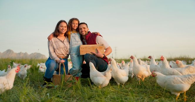 Farm, chicken and portrait of family with livestock in agriculture, sustainable and green field. Ecology, poultry and agro man and woman with girl kid farming with energy in eco friendly countryside.