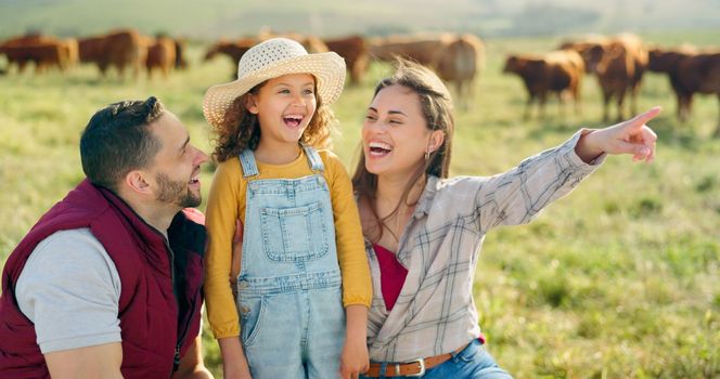 Happy family bonding on a cattle farm, happy, laughing and learning about animals in nature. Parents, girl and agriculture with family relaxing, enjoying and exploring the outdoors on an open field