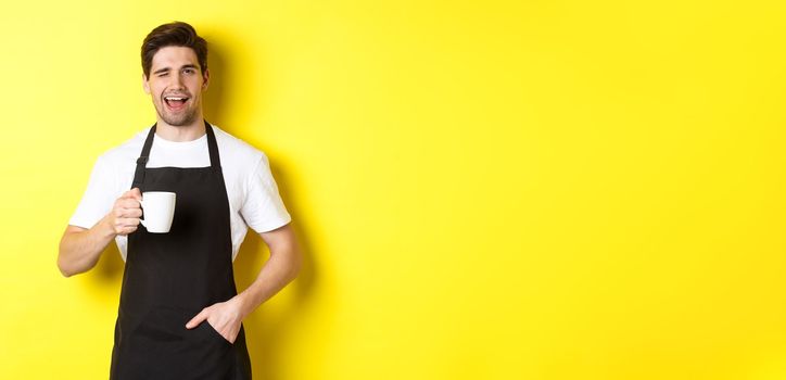 Cheerful barista in black apron serving coffee and winking, standing against yellow background