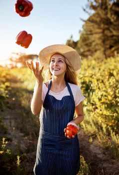 Its harvest time. an attractive young woman juggling red peppers on a farm.