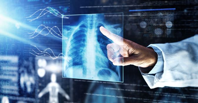 Doctor, healthcare or finger on xray hologram in tuberculosis virus, cancer analytics or asthma x ray at night. Futuristic, abstract or medical lungs scan for surgery planning or hospital woman help