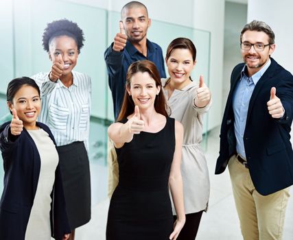 Job satisfaction is a great motivator. High angle portrait of a group of businesspeople standing together and showing a thumbs up in the office.