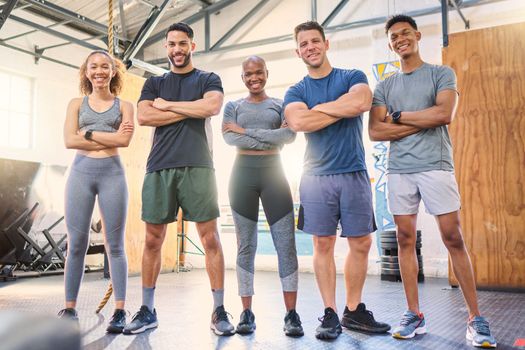 Team motivation, friends or teamwork portrait in gym for training, fitness or wellness workout sports. Happy, diversity or health sport women and men for exercise, support or collaboration with smile.
