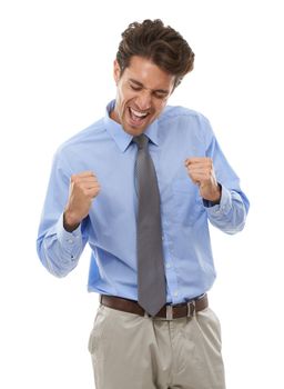 It doesnt et any better in business. Studio shot of an excited young businessman isolated on white.