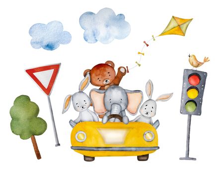 Cartoon animals in yellow car watercolor painting