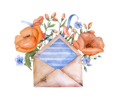 Vintage envelope with poppy flowers watercolor painting