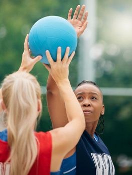 Sport, athlete and competition, netball and fitness outdoor with young school or college team playing game. Diversity, exercise and training outside, competitive girl in sports and workout.