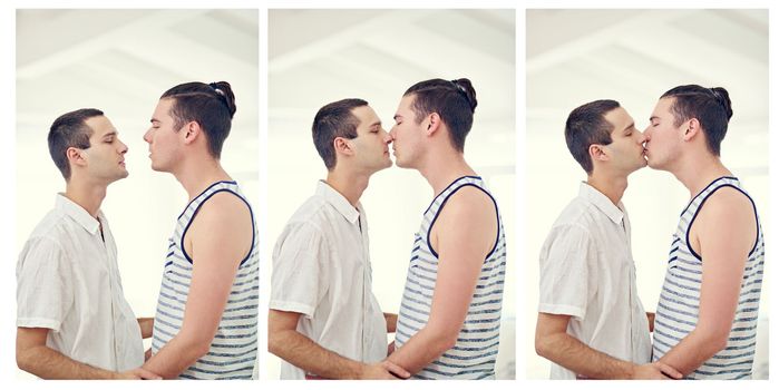 The kiss of true love. a young gay couple enjoying their day together.