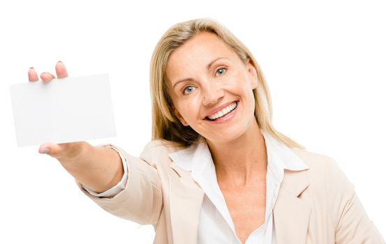 A representation of your business. a mature businesswoman holding a blank business card against a studio background.
