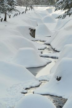 Winter landscape of a mountain river in the snow, around the forest