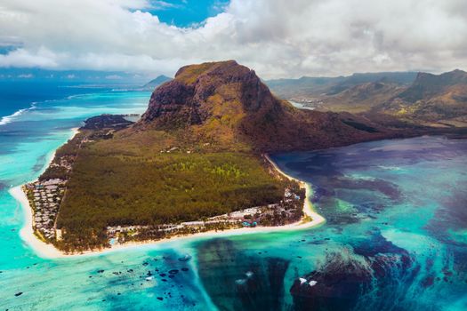 A bird's-eye view of Le Morne Brabant, a UNESCO world heritage site.Coral reef of the island of Mauritius