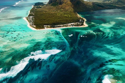 A bird's-eye view of Le Morne Brabant, a UNESCO world heritage site.Coral reef of the island of Mauritius