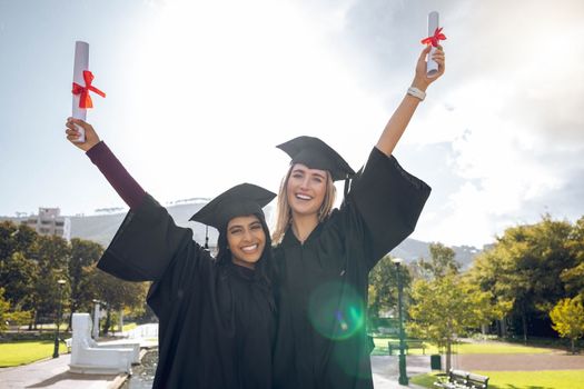 Graduation, celebration and portrait of women, friends and scholarship success. Happy students, graduate certificate and study goals with award, smile and motivation of education, winner and learning