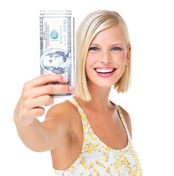 Woman in portrait, smile with cash in hand, finance and dollars with happy rich female isolated on white background. Wealth, money and success, lottery winner or salary in studio with financial win