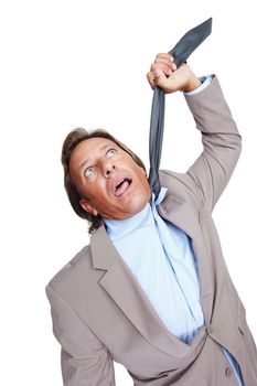 Depression, stress and businessman hanging from tie, suicide and mens mental health isolated on white background. Anxiety, burnout and man frustrated in necktie with work, debt and crisis in studio.