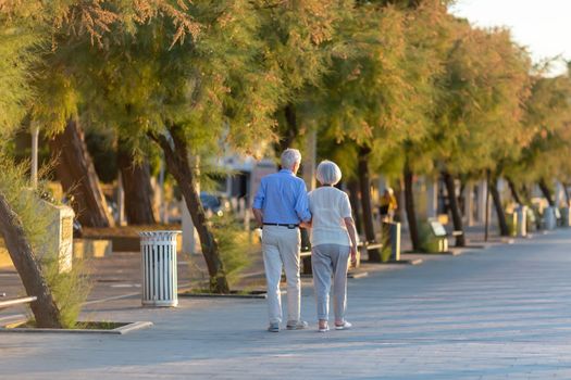 Elderly couple walking hand in hand on the promenade