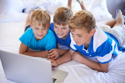Kids of today are so tech savvy. Three brothers browsing the internet together on a laptop.