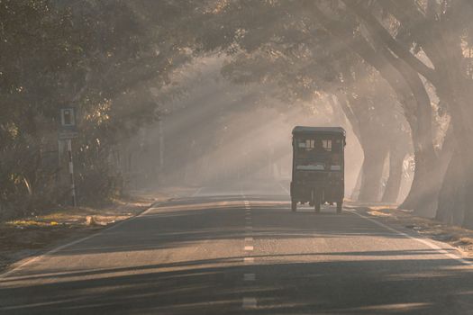 An early winter morning drive on a Bangladeshi road