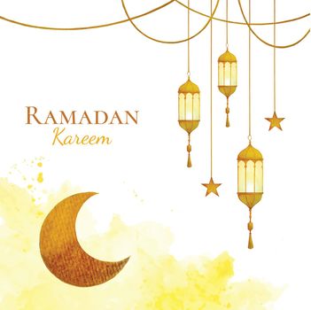 Watercolor Hanging Lanterns and Crescent Moon for Ramadan Greeting Design