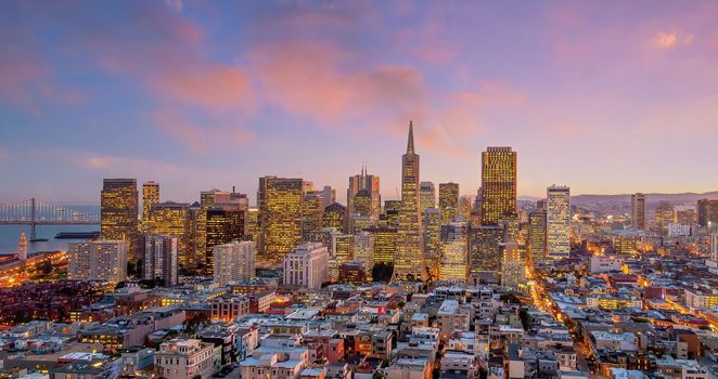 Beautiful view of  business center in downtown San Francisco at twilight