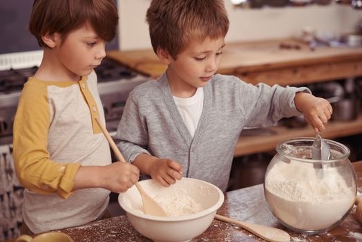 Maybe we should add more flour...two young brothers baking in the kitchen.