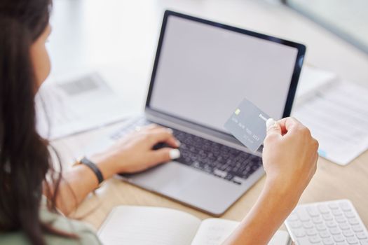 Ecommerce, credit card and online shopping mockup of woman buying product from internet store, website and using laptop to place order. E commerce, digital retail and debit card fintech to pay on web