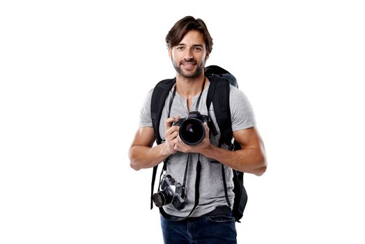 All you need is the right equipment. A professional photographer with his equipment.