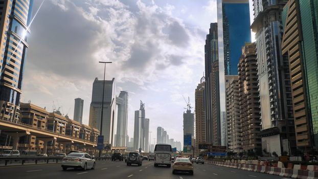 Dubai, UAE - December 14, 2019: Drive along Sheikh Zayed Road in Dubai.