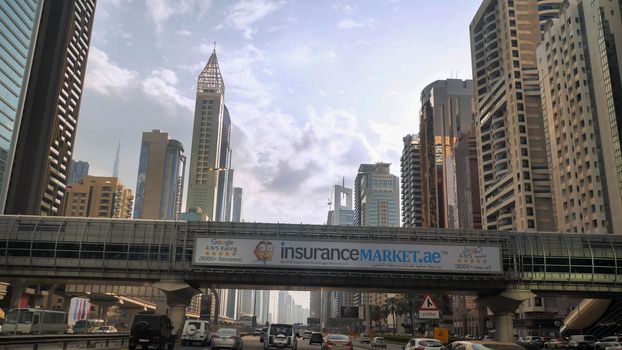 Dubai, UAE - December 14, 2019: Drive along Sheikh Zayed Road in Dubai.