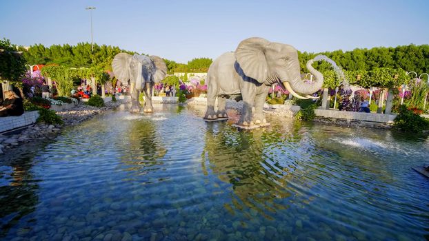 Dubai, UAE - December 14, 2019: Exposition of elephants in the garden of Miracles in Dubai.