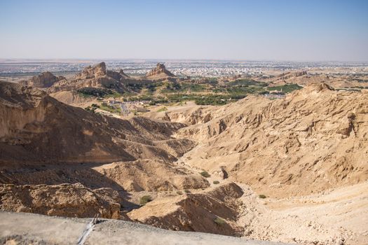 View of the valley from the top of jabel hafeet mountain in Al Ain, united arab emirates.
