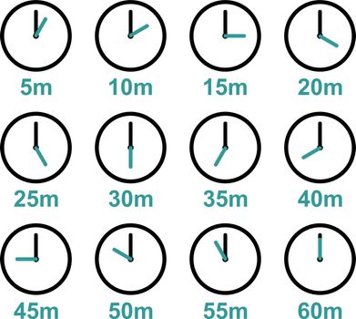 Clock with time intervals, vector icons. 