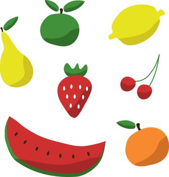 Fruits and berries, vector set. Drawn fruits with shadows. 