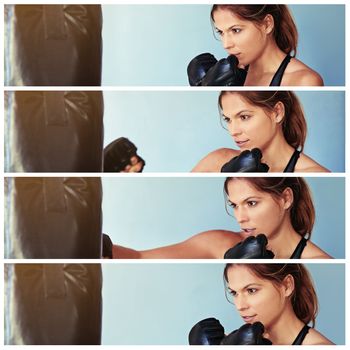 Building her punching power. Composite image of a female boxer working out with a punching bag.