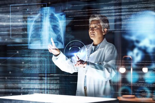 Doctor, medical or hospital with lungs abstract in tuberculosis virus, cancer or asthma overlay analytics in night thinking. Futuristic, hologram or breathing organ glow for healthcare planning woman