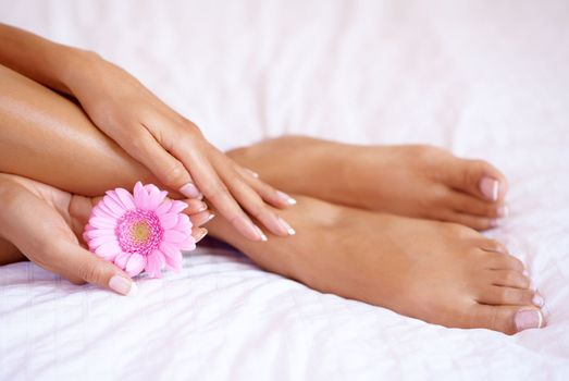 Pedicure, feet and a flower with a woman on a bed for luxury skincare, dermatology and wellness. Toes and hands of beauty model for self care, floral cleaning and cosmetics to relax and shine