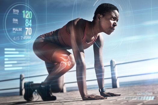 Start, runner or black woman training for fitness, cardio exercise or running workout in summer with overlay. Hologram, pulse or healthy girl sports athlete with focus, resilience or strong mindset